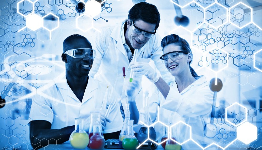 Science graphic against happy scientist examining test tube on digitally generated background-1